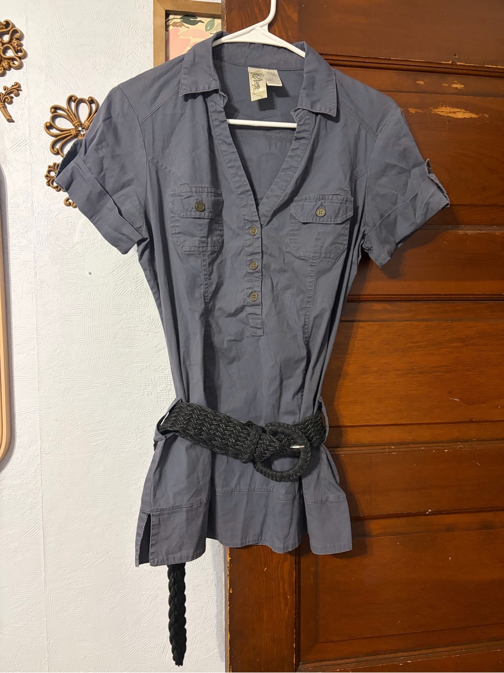 Vintage Casual Button-Front Shirt Tunic - Slate Blue